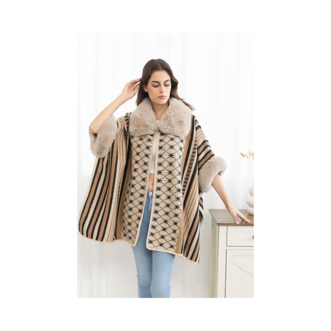 Hovedbilde PO2547 Poncho m/fuskepels - Beige