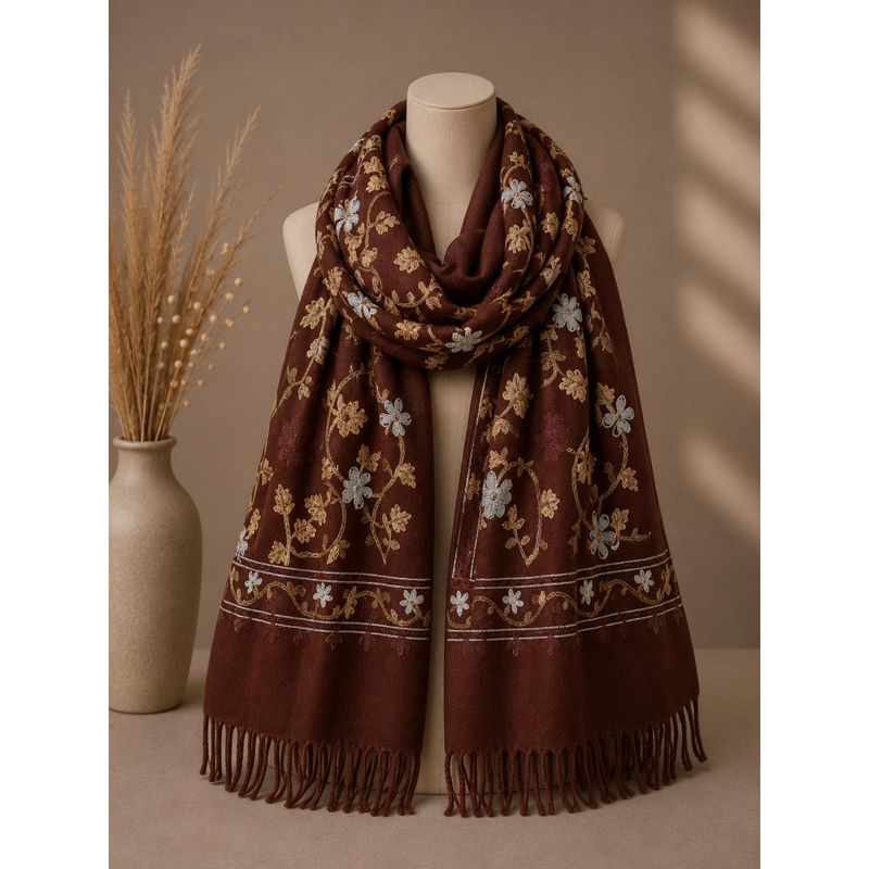 RE-X28 Skjerf mellomtykk viscose m/broderi - brun